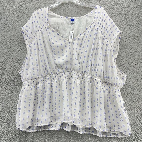 Old Navy Women’s Tops 4X Plus White Blue Sheer Plus Ruched Waist Blouse NEW - Picture 1 of 12